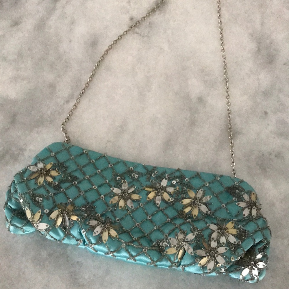 Gorgeous Turquoise Beaded/sequined satin Clutch